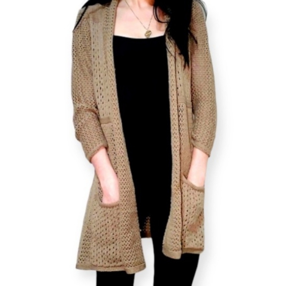 Angel Of The North Anthropologie Matinee Open Cardigan Sweater Beige Cotton Knit